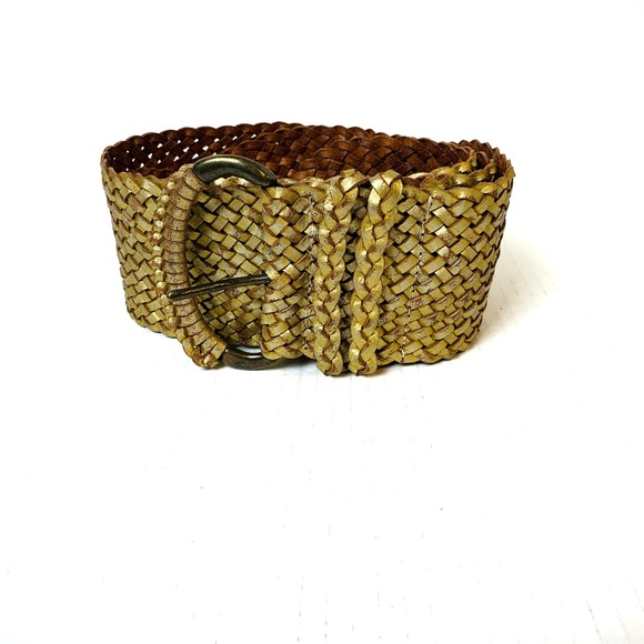 Fossil Leather Belt Metallic Gold Woven Braided Wide Womens Size M Twist Preppy - Picture 2 of 12